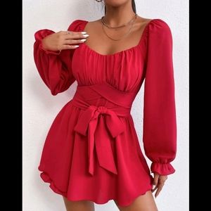PETITE Ruched Bust Flounce Sleeve Belted Dress
